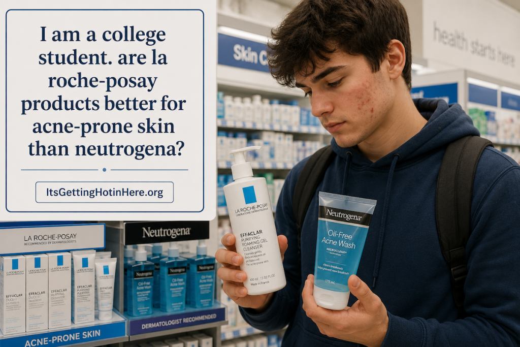A college student in a drugstore aisle comparing a La Roche-Posay Effaclar cleanser with a Neutrogena acne wash