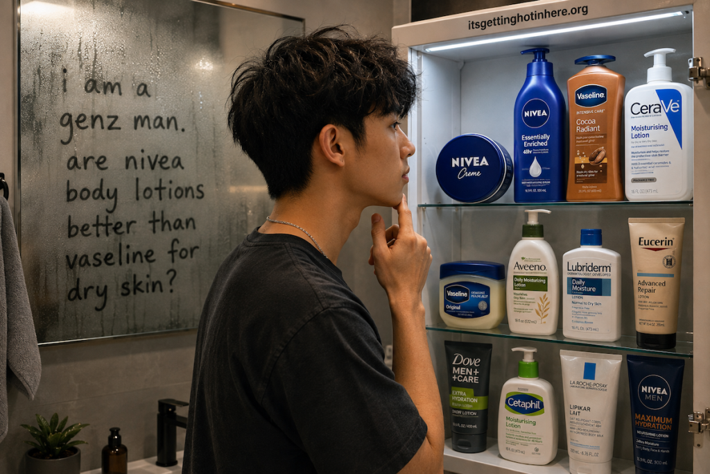 Young man looking at a bathroom cabinet of body lotions with the question written on a steamed mirror