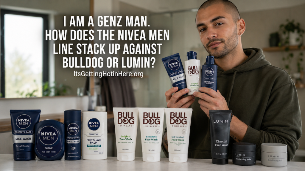 A genz man holding Nivea Men, Bulldog and Lumin products with more of all three brands lined up on the counter