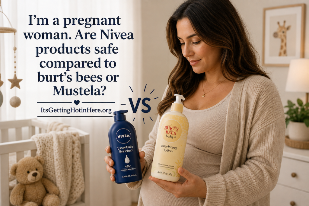 A pregnant woman in a nursery comparing a Nivea body lotion with a Burt's Bees lotion