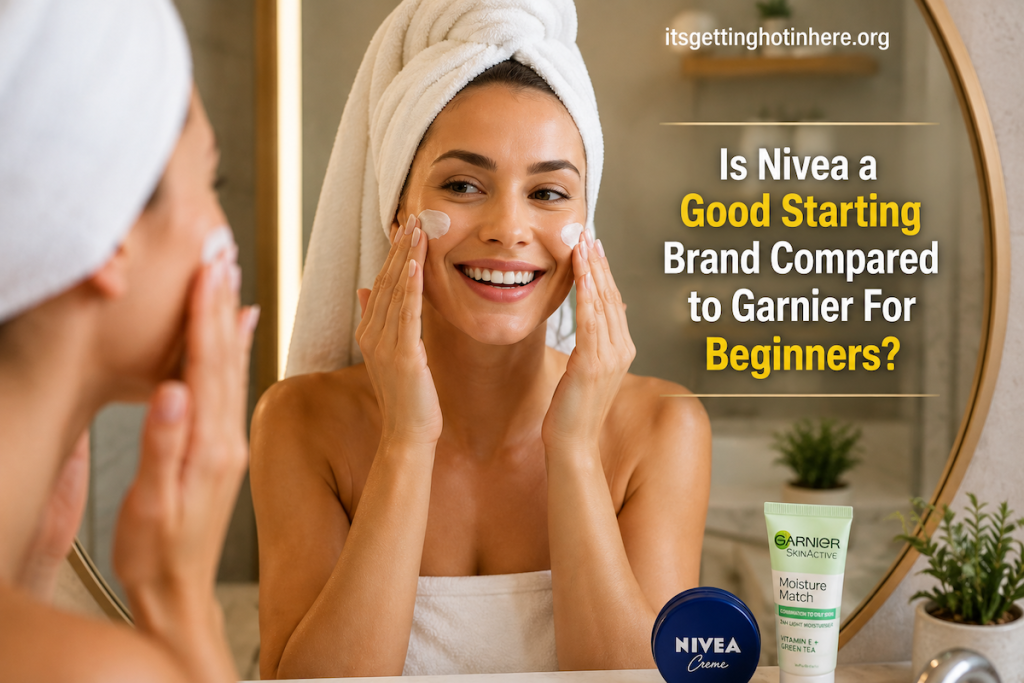Woman applying moisturiser at a bathroom mirror with Nivea and Garnier products on the counter