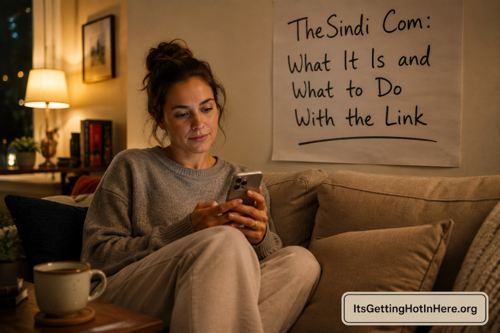 A woman on a sofa looking at her phone in the evening beside a handwritten sign reading TheSindi Com What It Is and What to Do With the Link